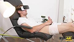 the girl noticed the man jerking off to vr porn and decided to give him a rimjob with ass licking and handjob instead.