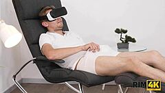 the girl noticed the man jerking off to vr porn and decided to give him a rimjob with ass licking and handjob instead.