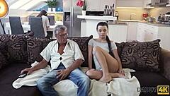 so this old man is totally owning it, skillfully banging that hot young brunette on the sofa like a pro