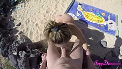On the beach, a tanned beauty with big ass strips barefoot. She rides in pov doggystyle, shaking her wet pussy until cum on ass.