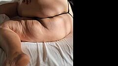 The fat mature with big breasts wore pantyhose and squirted using her dildo.