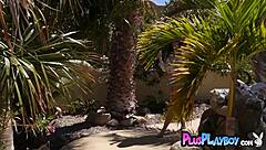 This sexy black milf Autumn Lynn stripped naked alongside Latina babe Mia Valentine, showing off their big tits casually.