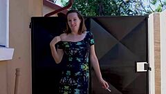 Brunette babe outdoor smoking with petite tits