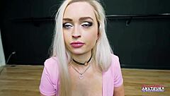 blonde pornstar kelsey starlette teases with dildo in casting interview before riding monster cock to swallow cum