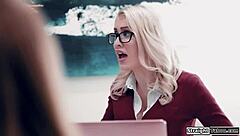 the blonde teen gets close with her stepmom's tall boss in a private meeting. subtle touches lead to intimate exploration without clothes.