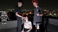 Wow, Young Girl Takes on Two Huge Cocks Bareback on the Roof!