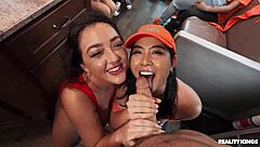 Asian Cheerleader Joins Brunette In FFM Threesome With Blowjob Handjob And Cumshot Facial