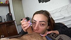 Brazilian Latina newbie teases with wet blowjob in her first homemade blowbang session