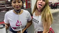 Whoa, check out these young brazilian girls on leashes in interracial domination street walk 😈