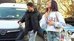 This petite spanish nympho flashes in public, squeezes a 10-inch cock in the shower, then gets bent over for deepthroat and doggystyle pounding