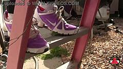 Just walking around in sneakers outdoors.