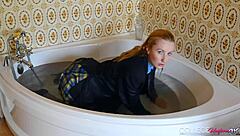 Hey, check out horny Sophia Smith in her college uniform showing off those wet panties.