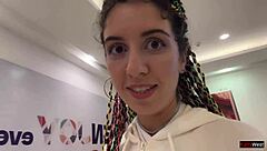 Amateur brunette babe gives blowjob in public toilet and does crazy cumwalk in shopping mall