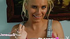 Blonde milf model Jenessa Dawn undresses outdoors to reveal petite body and big ass