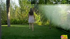 Two lesbians run through outdoor field then kiss with big clit licking masturbation and passionate pussy sex on grass