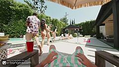 Three hot bikini babes get into a wild Hollywood poolside orgy with blowjobs and riding