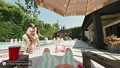 Three hot bikini babes get into a wild Hollywood poolside orgy with blowjobs and riding