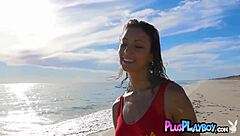 The stunning all-natural European curvy model Miluniel Louis poses elegantly with Playboy in an outdoor striptease scene