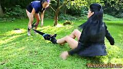 why not toy that goldenshower lez in stockings outdoors?