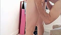 French amateur blonde in satin lingerie gets doggystyle fuck with blowjob and rimjob in heels