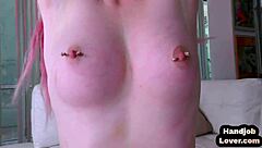 pov redhead teen with tattoos gives boyfriend a close-up handjob while talking dirty