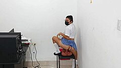 student dominates with huge toy in principals office while wearing sexy lingerie for kinky roleplay