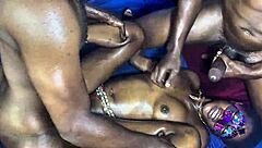 tag team double penetration fills all holes with big black cocks while spitting on pretty teen in long socks.