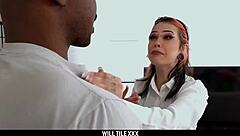 Pierced goth babe Maya Romero gives blowjob then gets interracially banged in cowgirl quickie