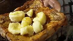 In the kitchen, Llamasr experiments with bananas and other foods after dark for an adventurous session.