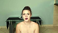 Throat fucking self with dildo gagging drooling