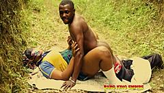 Ebony African Tribe Woman Takes Big Cock Outdoor in Cowgirl Riding and Doggystyle Creampie with Close Up Cumshot