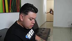 She gets fucked by the plumber while her husband watches a football match - part 2