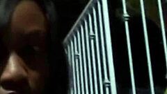 Ebony beauty girl shows off her big natural tits in a casual setting