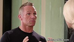 Curvy Big-Titted Blonde Babe Suggests Oily Massage Leading To Hardcore Fucking With New Masseuse And Fat Owner.