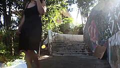 Thrilled redhead slut craves public masturbation blowjob and messy facial cumshot in park