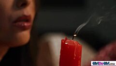 Busty gf is turned on when the first drops of candlewax land during lesbian ass licking session
