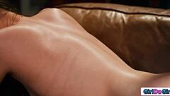 Busty gf is turned on when the first drops of candlewax land during lesbian ass licking session