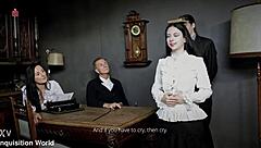 French maid Judith endures spanking and humiliation in her outfit while balancing rule book on head.