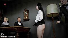 French maid Judith endures spanking and humiliation in her outfit while balancing rule book on head.