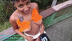 Hey, check out this hot Brazilian brunette giving an amazing deepthroat to that monster cock