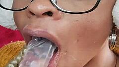 slutty latina housewife spits and swallows a big dildo in her hairy ebony pussy