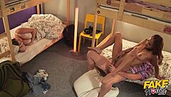 in the fake hostel, a sexy thick girl with big tits gets squirted on by her best friend. the squirting hits her face during intense orgasm.