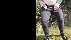 Narrative of trashy Kiwi milf pissing on roadside amid traffic in outdoor public scene