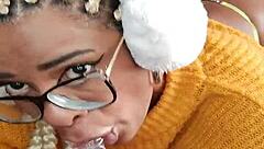 slutty latina housewife spits and swallows a big dildo in her hairy ebony pussy