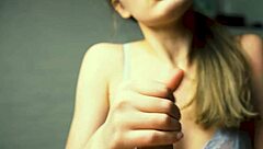 red-lipped beauty feels intense thrill jerking boyfriend close-up