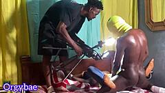 Amateur ebony couple gets wild in bedroom with deep cock thrusting and wet shaved pussy action behind scenes