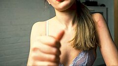 red-lipped beauty feels intense thrill jerking boyfriend close-up