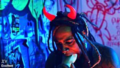 Big ass babe dominates with heel play and footjob while choking and gagging her sub in bisexual femdom session