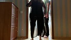 Curvy stepmom blocks the door to trap stepson then takes his cock deep in ass and mouth