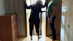 Curvy stepmom blocks the door to trap stepson then takes his cock deep in ass and mouth
